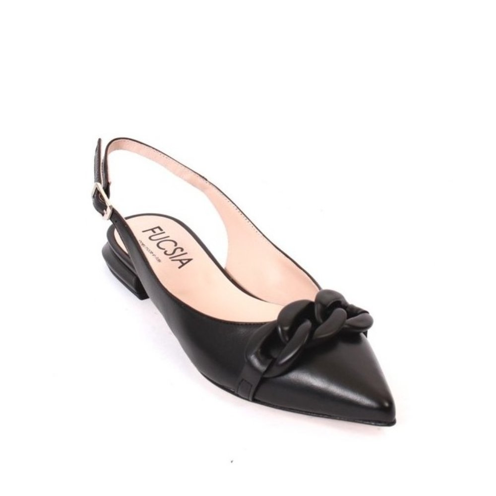 Fucsia 117a Black Leather Buckle Pointy Slingbacks Flat Shoe